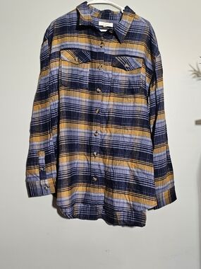 Women's Plaid Button-Up Shirt Jacket in Blue and Mustard